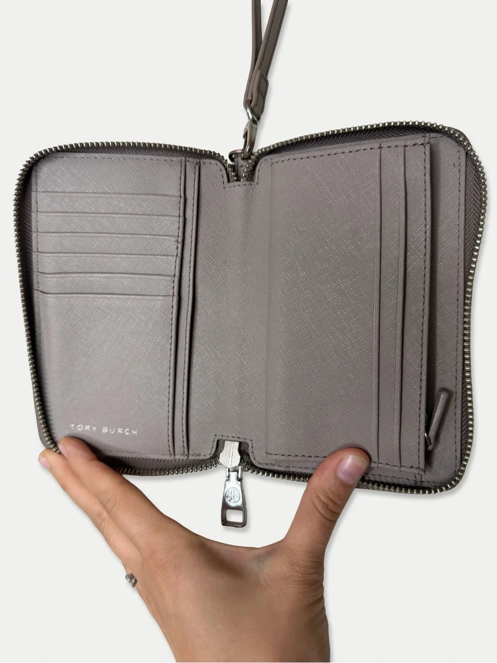 Tory Burch Saffiano Leather Zip Around Wristlet Wallet Gray Taupe